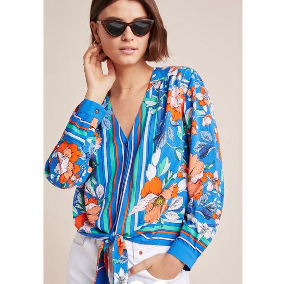 Maeve Elan Scarf-Printed Blouse Button Down Top Size 8 Blue Floral  Boho - Picture 1 of 5